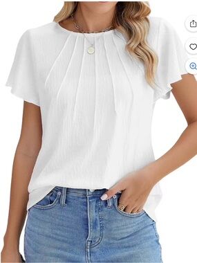 Women's White Pleated Tunic Short Sleeve Top